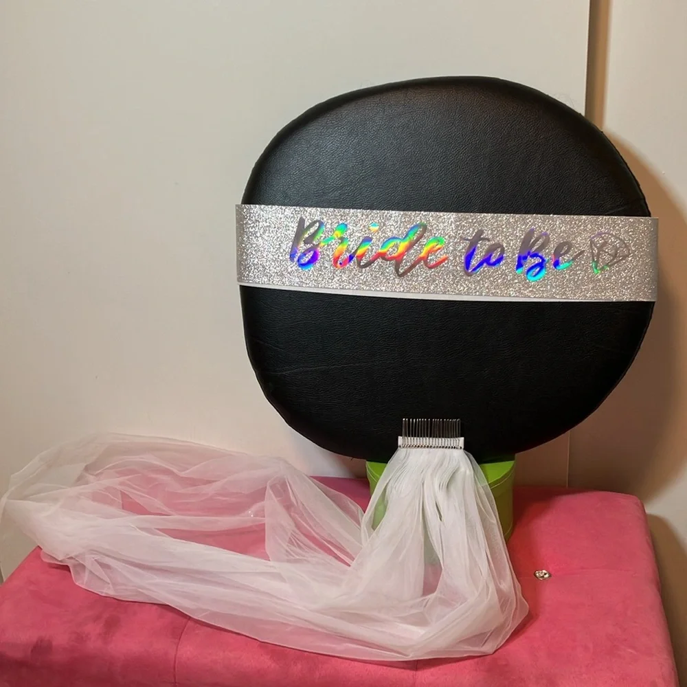 Bride To Be - Veil Hair Piece 40” in White Lace plus Glittery Metallic Sash NWOT